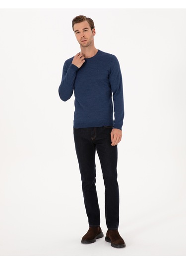 Cacharel İndigo Slim Fit Yün Karışımlı Bisiklet Yaka Basic Triko Kazak Mavi