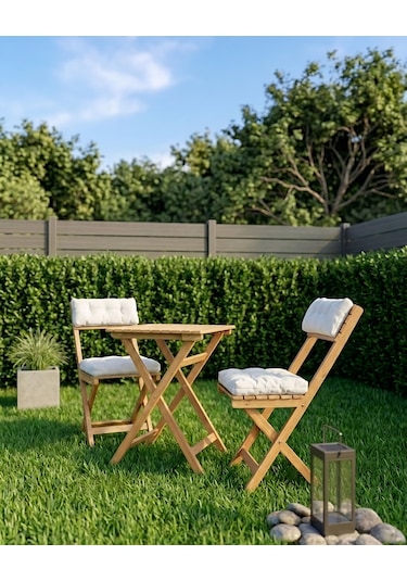 Duo Balkon Bahçe Mutfak Katlanır Masa Bej Rengi Minderli Sandalye Bistro Set Bej - Krem