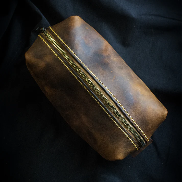 El Yapımı Hakiki Deri Dopp Kit Crazy Deri, Fermuarlı Seyahat Çantası