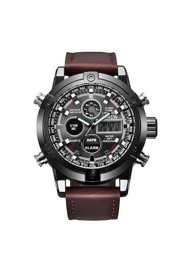 Quartz Lüks Dual Movt Serisi Dijital Led Ekran Deri Kayışlı Erkek Kol Saati