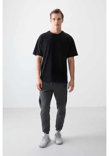 Siyah %100 Pamuk Kalın Yumuşak Dokulu Oversize Fit Basic Erkek T-shirt - 88353 Siyah