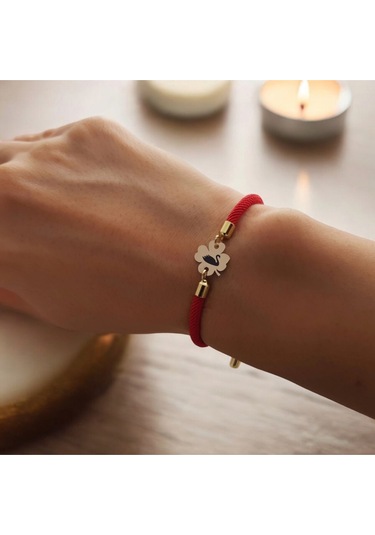 Çiçek Figürlü Örgü İpli 14 Ayar Altın Plakalı Kuğu Sembollü Hediye Bileklik-324sembol-kırmızı Altın