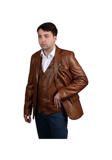 Derije Armada Hakiki Deri Erkek Taba Blazer Ceket & Yelek
