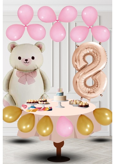 8 Yaş Retro Folyo Krem Ayıcık Pembe Gold Balon Rose Gold Rakam Doğum Günü Süsleme KREM