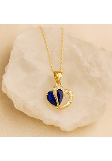 14 Ayar Altın Kalp Kesim Doğum Taşı Kolye Kişiye Özel Renkli Taş Tasarımı Altın