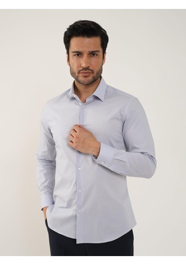 Açık Gri Erkek Slim Fit Düz Klasik Yaka Uzun Kol Gömlek - 88364 Açık Gri