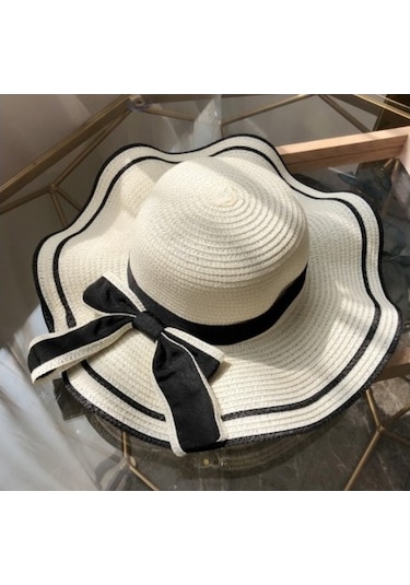 Kadınlar İçin Şık Ve Pratik Katlanabilir Hasır Plaj Şapkası, Geniş Kenarlı Nefes Alabilen Yazlık Güneş Şapkası, Açık Havada Kullanıma Uygun Moda Aksesuar Beyaz