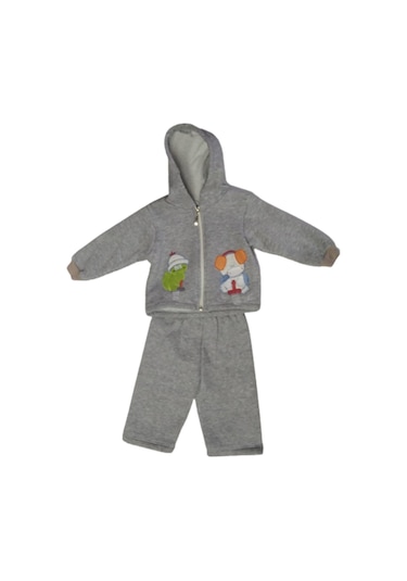 Erkek Bebek Alt Üst Takım Gri Fermuarlı Kapşonlu Gri