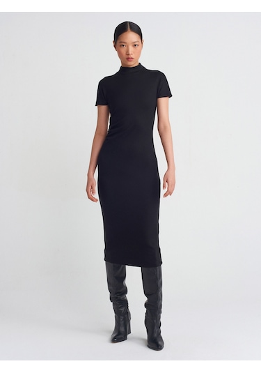 Dilvin 91297 Streç Örme Midi Elbise Siyah