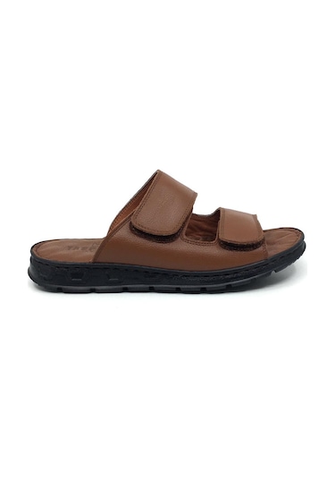 Taşpınar 204 %100 Hakiki Deri Ortopedik Erkek Yazlık Rahat Terlik Ayarlanabilir Cırtlı Taba