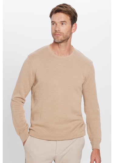 Erkek Slim Fit Dar Kesim Bisiklet Yaka Petek Desenli Taş Triko Kazak-25836 Taş - Ekru