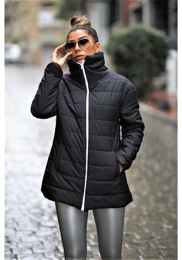 Kadın Siyah Dik Yaka Su Geçirmez Uzun Şişme Mont
