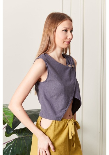 Şık Farklı Tarz Asi Keten Bluz - Modern Ve Cesur Tasarım Antrasit