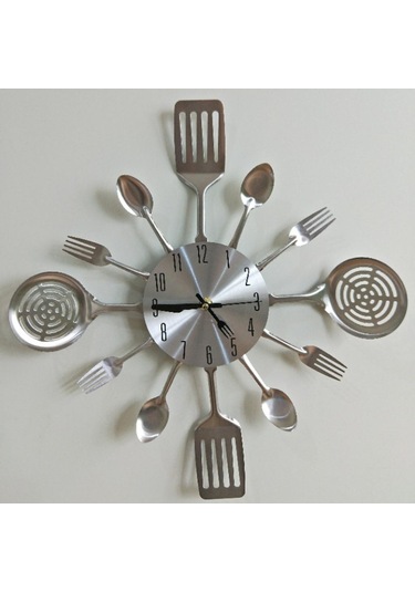 Homyl 3d Duvar Saati Mutfak Paslanmaz Çelik Çatal Bıçak Simli Simli