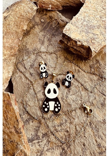 Patili Panda Siyah Beyaz Mineli Altın Renk Çelik Çocuk Takı Set