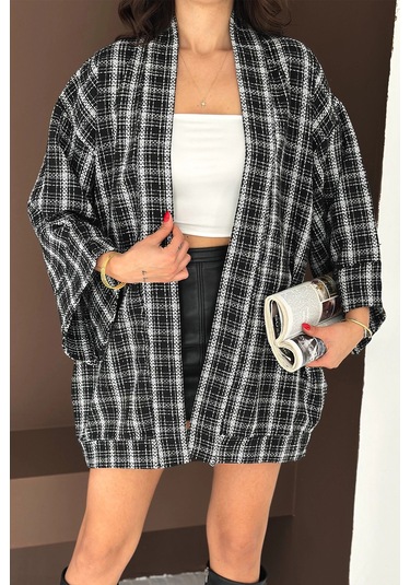 Kare Desenli Kimono Siyah Siyah