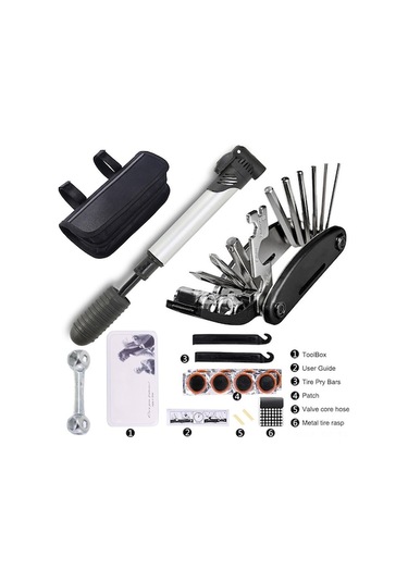 Bisiklet Tamir Seti 16 Parça: Tamir Aletleri, Minyak Pompa, Lastik Tamir Elemanları İle Montaj Çekiçleri Kombinasyonu