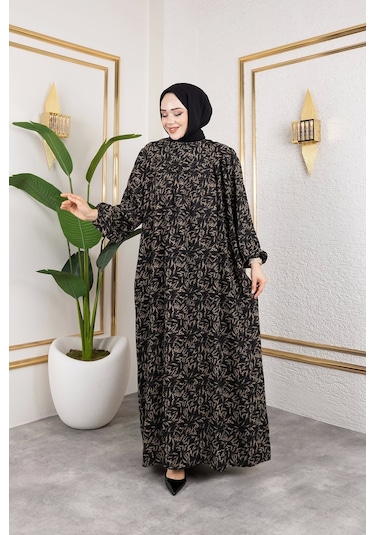 Nevayla Moda Robalı Desenli Viskon Elbise - Bej / E0126 Bej