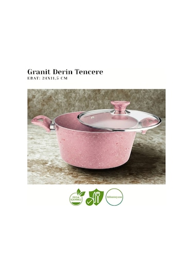 24 Cm Granit Derin Tencere Cam Kapak - Pembe Pembe