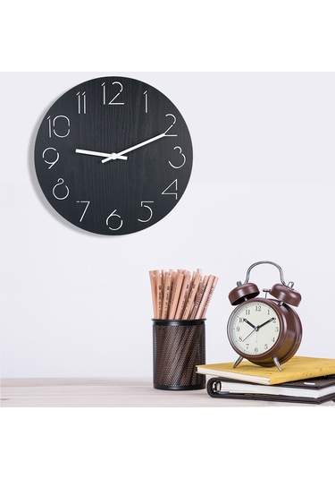 Moveevo Ahşap Duvar Saati Siyah, Delikli Rakamlı, Doğal Stil, Kesin Hareket, Oturma Odası Yatak Odası Ofis Dekorasyonu Pil Dahil Değil Siyah