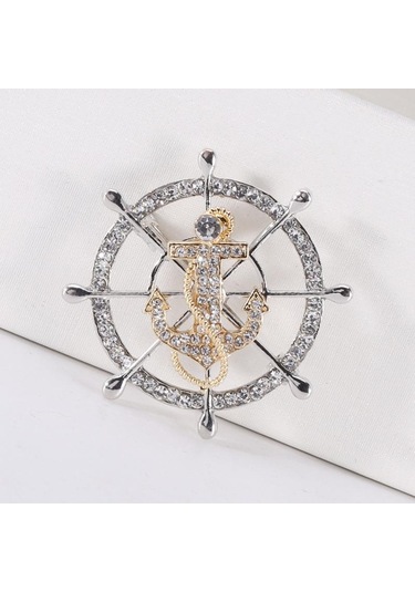 Blucome Yaratıcı Donanma Rüzgar Tam Matkap Dümen Dümen Çapa Broş Erkek Zarif Takım Elbise Yaka Pin Moda Giyim Pin Altın