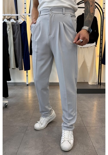 Yarım Balıkçı Pamuk Örme Likralı Esnek Rahat Kumaş Pileli Pantolonlu Takım Gri