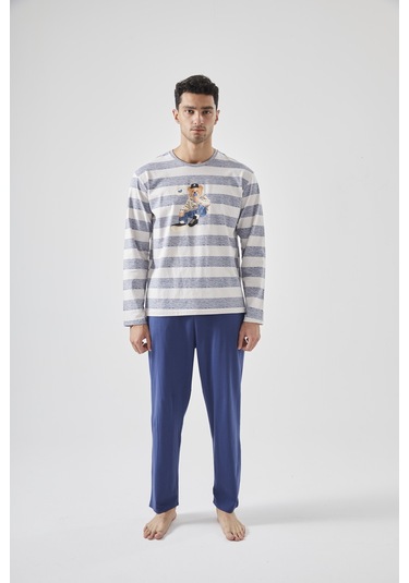 Erkek Pamuklu Uzun Kollu Üst Ayıcık Baskılı Pijama Takımı Ke77620 Lacivert