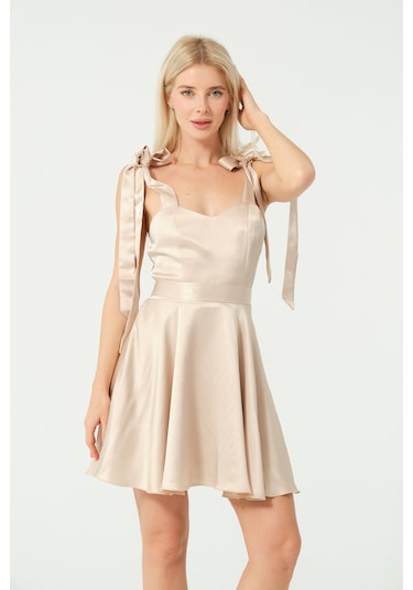 S'amore Clothing Kalp Yaka Bağcık Detaylı Mini Elbise Belce Beji