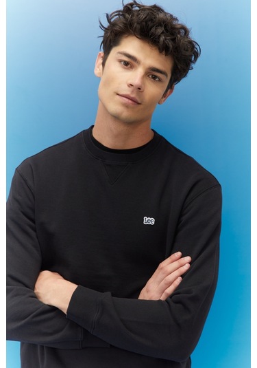 Regular Fit %100 Pamuk Bisiklet Yaka Siyah Şardonlu Sweatshirt Siyah