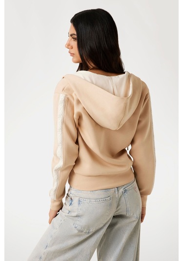 Kadın Scuba Fermuarlı Kapüşonlu Sweatshirt - Krem Krem