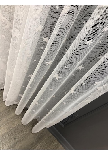 Tül Perde Çocuk Odası Irili Ufaklı Yıldız Desen Örme Kumaş Ekru