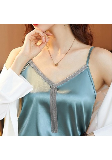 Yeşil 2023 Kadın V Yaka Nakış Bluzlar Rahat Ipek Kadın Bluz Gömlek Saten Üstler Kadın Elastik Saten Gömlek Üst Giyim 14214