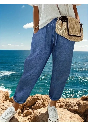 Simala Kadın Yüksek Bel Lastikli Belde Bağcık Detaylı Aerobin Pantolon Mavi