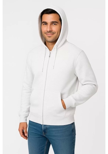 Erkek Üç İplik Kapüşonlu Tam Fermuarlı Kanguru Çepli Sweatshirt Hoodie - Beyaz Beyaz