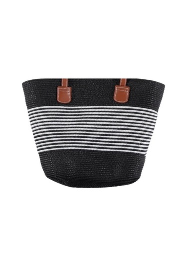 Kadın Hasır Çanta Plaj Çanta Yazlık Premium Çizgili Tasarım Hasır Siyah