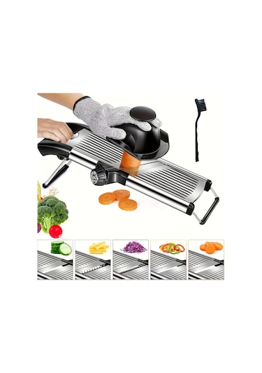 Dashanshop Paslanmaz Çelik Sebze Ve Patates Dilimleyici Fırça Ve Eldivenli 5 Ayarlı Bıçak Profesyonel Mandolin Rende Mutfak Aksesuarı 1 Parça