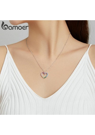 Bamoer 925 Ayar Gümüş Gökkuşağı Renkli Kalp Desen Aşk Göz Kamaştırıcı Zirkon Kolye Zincir Bağlantı Kadınlar Takı İçin