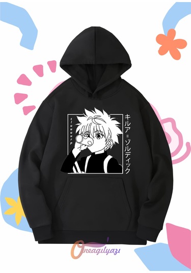 Çocuk Unisex Hunter Killua Anime Baskılı Oversize Kapüşönlü Sweatshirt SiYAH