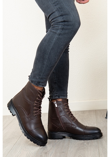 D402 Hakiki Deri Soğuk Geçirmez Kışlık Erkek Bot Kauçuk Taban Kahverengi