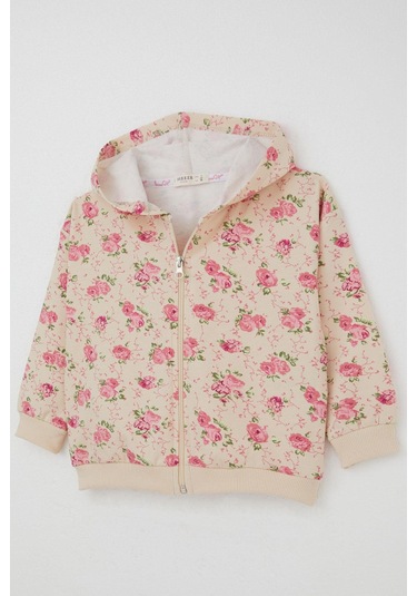 Breeze Kız Çocuk Eşofman Takımı Çiçek Desenli Kapüşonlu 1.5-5 Yaş, Krem Krem