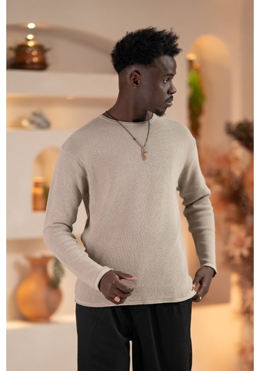 Regular Fit Likralı Kendinden Çizgili Mevsimlik Spor Kazak Vizon