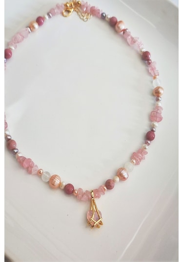 Badeaccessories Pembe Kuvars Kültür İncileri Rodonit Selenit Doğal Taş Kolye