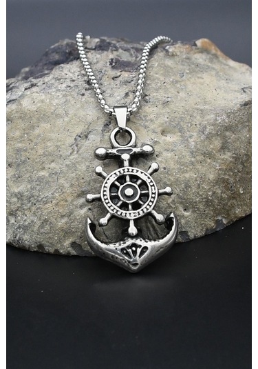 Çapa Dümen Figürlü Kolye Paslanmaz Çelik Zincir 902291 Gümüş