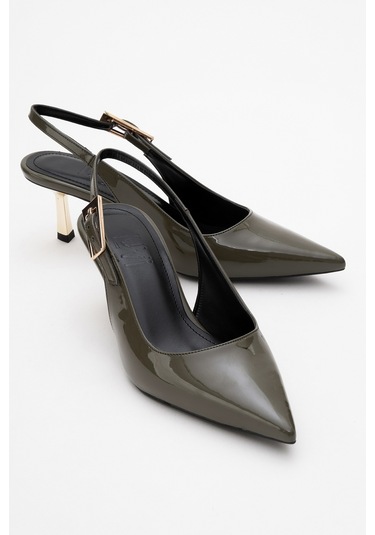 Arty Haki Rugan Sivri Burun Arkası Açık Kadın İnce Topuklu Ayakkabı Haki