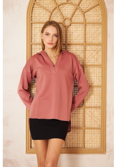 Kadın Scuba Kapüşonlu Arkası Uzun Salaş Rahat Kalıp Sweatshirt 3506230 Gülkurusu