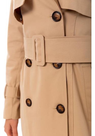 Pastelastore %100 Pamuk Gabardin Midi 95cm Astarlı Kemerli Kadın Trençkot 1113 Açık Bej