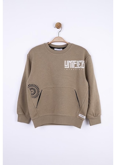 Erkek Çocuk Pamuklu Sırtı Baskılı Sweatshirt-13018-vizon Vizon