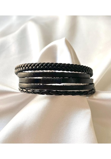 Hakiki Deri 5li Siyah Erkek Bileklik 21 Cm Türk El Üretimi Siyah