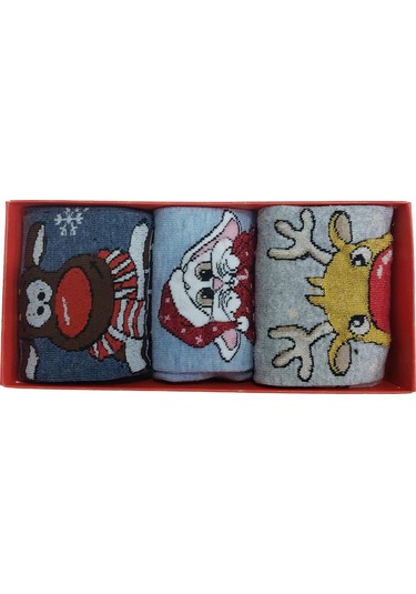 3'lü Set Pamuklu Yılbaşı Kadın Soket Çorap-mavi Mavi