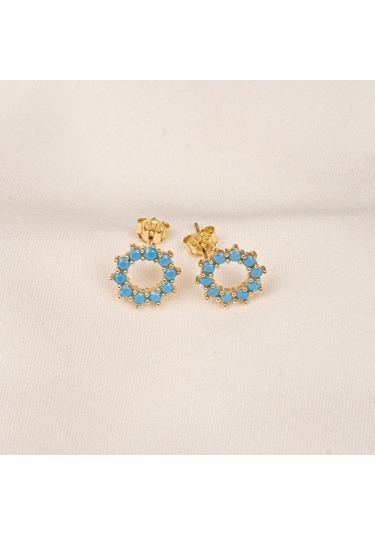 Altın Küpe - 14 Ayar Altın Yuvarlak Firuze Turkuaz Taşlı Küpe Sarı